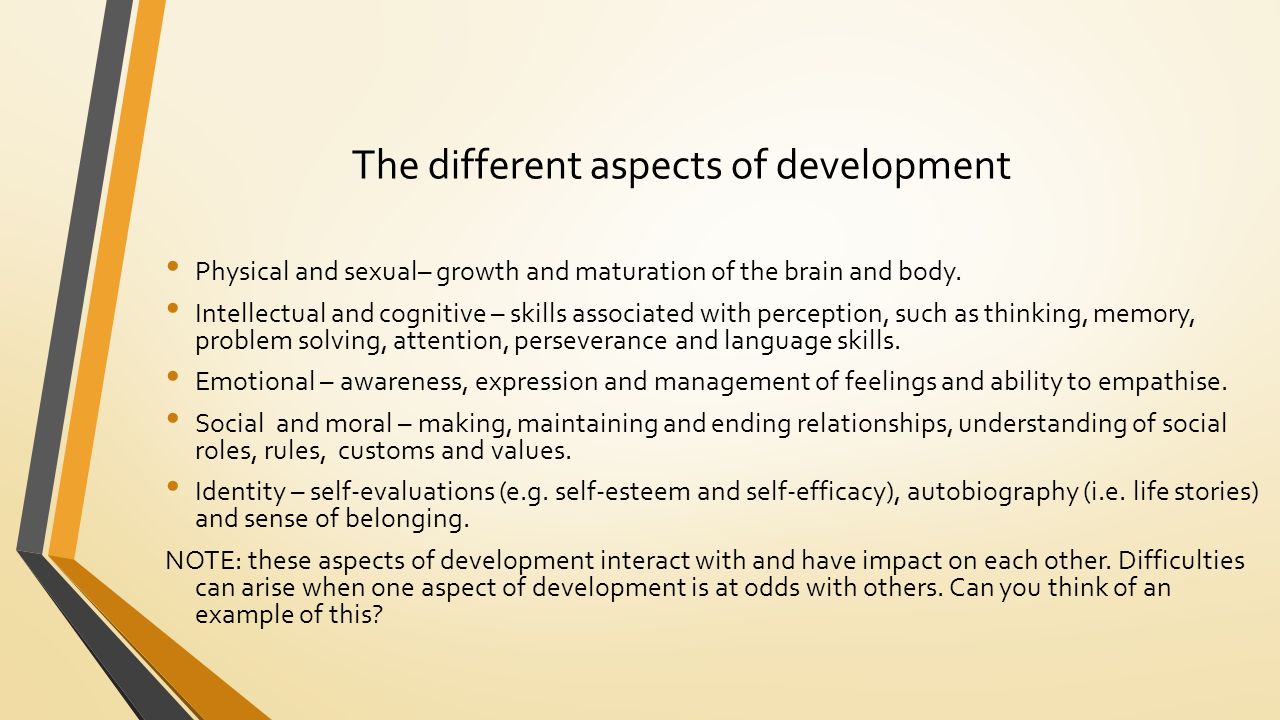 Describe with examples how different aspects of development can affect one another Essay